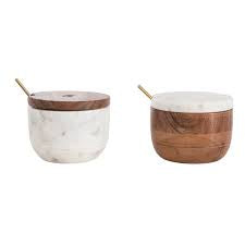 Creative Co-Op | Marble & Wood Covered Bowl w/ Brass Spoon