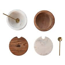 Creative Co-Op | Marble & Wood Covered Bowl w/ Brass Spoon