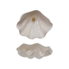 Creative Co-Op |  Stoneware Clam Shell Shaped Dish with Gold Faux Pearl