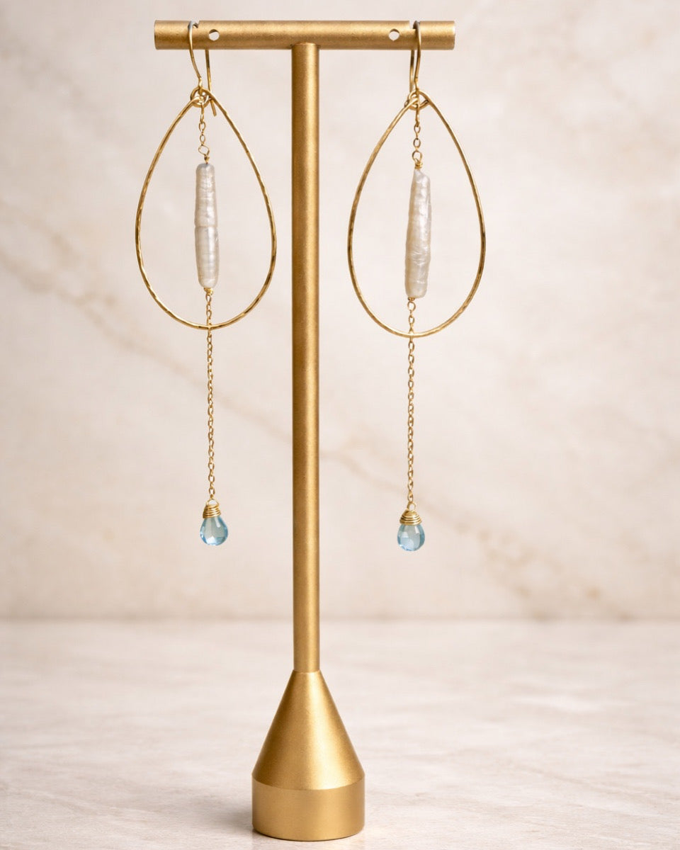 Salt Moon | Hoops with White Biwa Pears and Blue Topaz